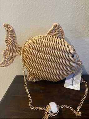 Tommy Bahama Natural Beige Woven Fish Shoulder Bag with Gold Chain